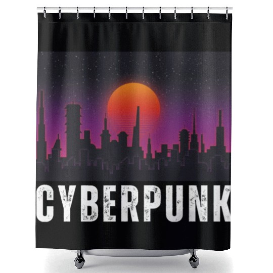 Cyberpunk City Skyline, Science Fiction / Sci-Fi. Shower Curtains