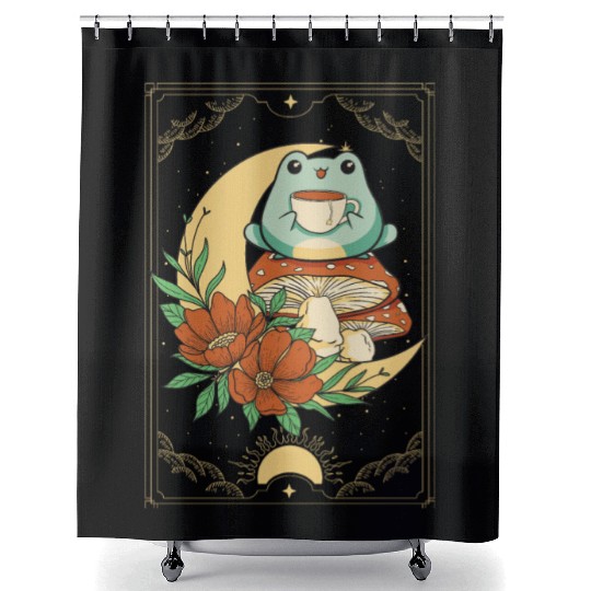 Cottagecore Aesthetic Tarot Card Frog Sipping Tea Shower Curtains