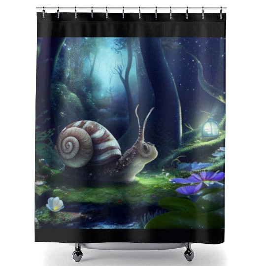 Sweet Surprised Snail at night by Lantern Light Shower Curtains