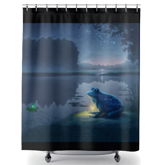 Blue Frog and Firefly on a pond at Night Shower Curtains