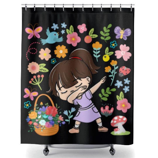 Dabbing Girl Hippie Flower Bouquet Basket Spring Shower Curtains