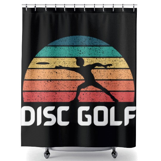 disc golf frisbee vintage sunset with white text Shower Curtains