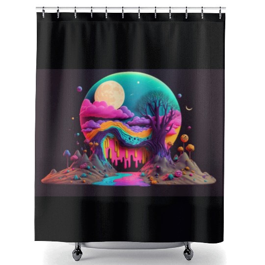 Spooky Full Moon Psychedelic Landscape Paint Drips Shower Curtains