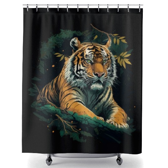 Tiger sitting in Jungle Shower Curtains