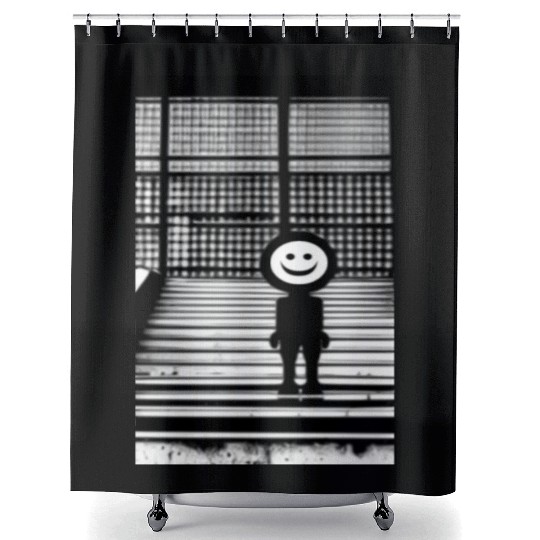 Smiley Face in Shower Curtains Standing on the Steps Street