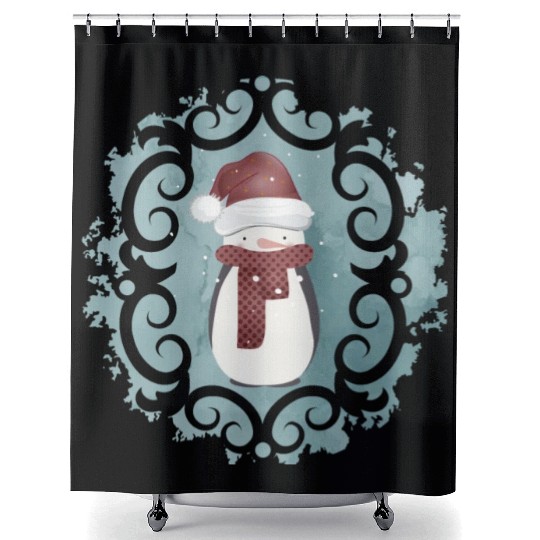 Snowman in Santa Claus look in winter Shower Curtains