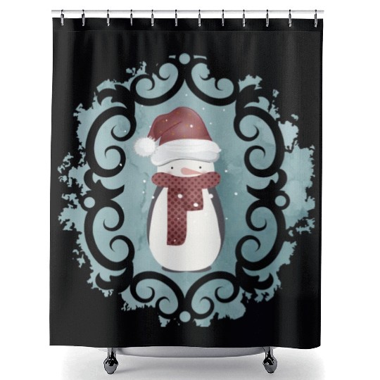 Snowman in Santa Claus look in winter Shower Curtains