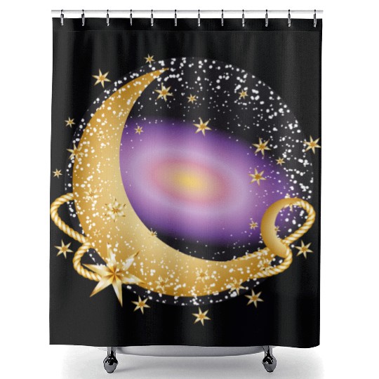 glowing violet galaxy with moon and stars Shower Curtains