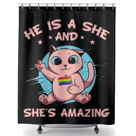 Cute Transgender Cat Kawaii Gay Pride Rainbow Shower Curtains