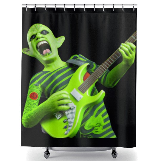 Huge green alien jamming on an electric guitar. Shower Curtains