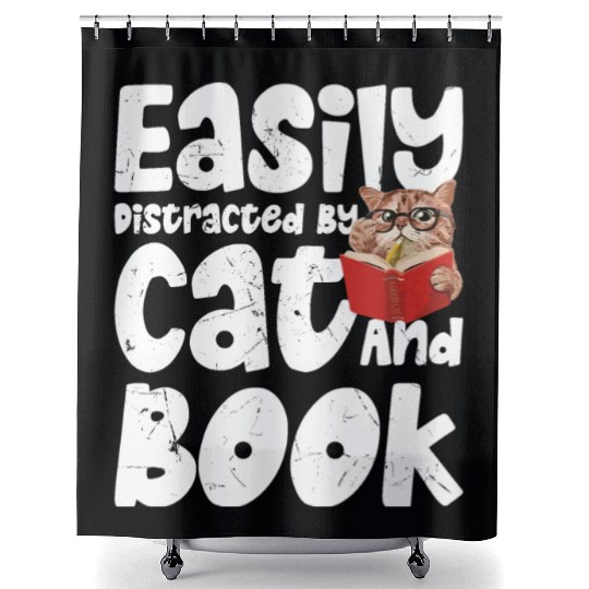 Easily distracted by cat and book Shower Curtains