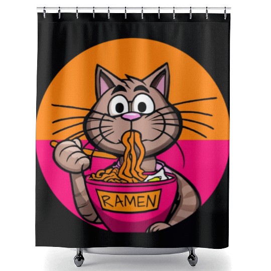 Colorful Ramen Cat Orange and Pink Shower Curtains