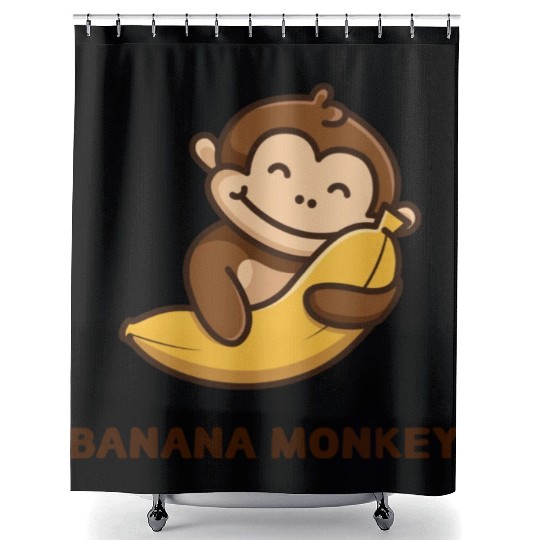 Brown illustrated Monkey and Banana Shower Curtains