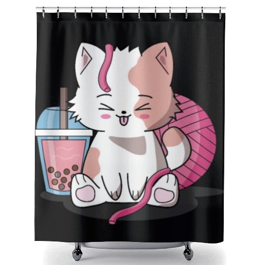 Chibi Boba Tea Cat Shower Curtains