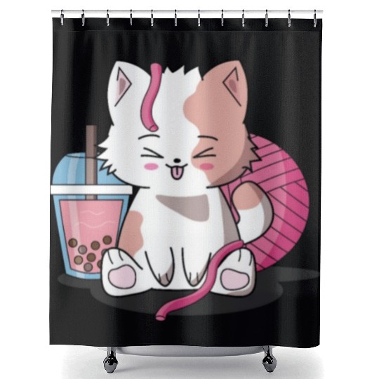 Chibi Boba Tea Cat Shower Curtains