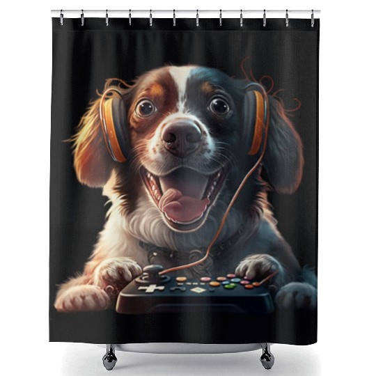 Funny Dog Playing Video Game Shower Curtains