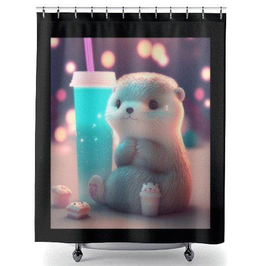 Kawaii Otter Pet Otter Drinking Boba Tea Shower Curtains