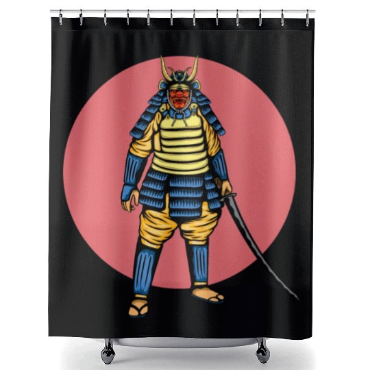 Japanese samurai warrior young pink mask Shower Curtains