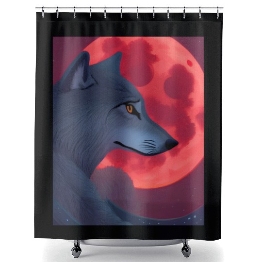 A Grey Wolf Staring at a Blood Moon Shower Curtains