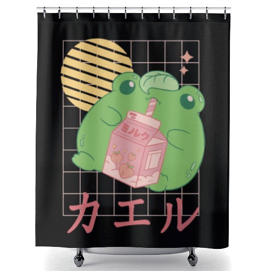Strawberry Milk Frog Japanese Shower Curtains