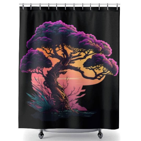 Synthwave Bonsai Tree Shower Curtains