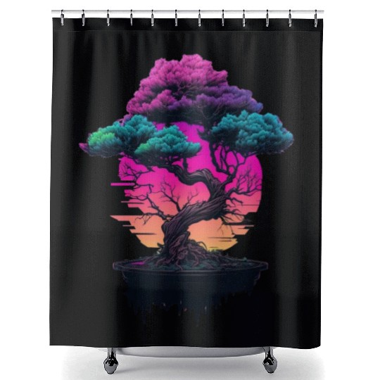 Synthwave Bonsai Tree Shower Curtains