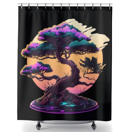 Synthwave Bonsai Tree Shower Curtains