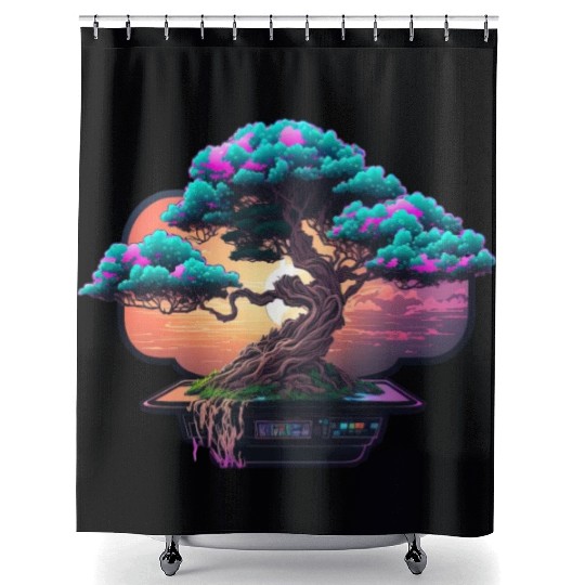 Synthwave Bonsai Tree Shower Curtains