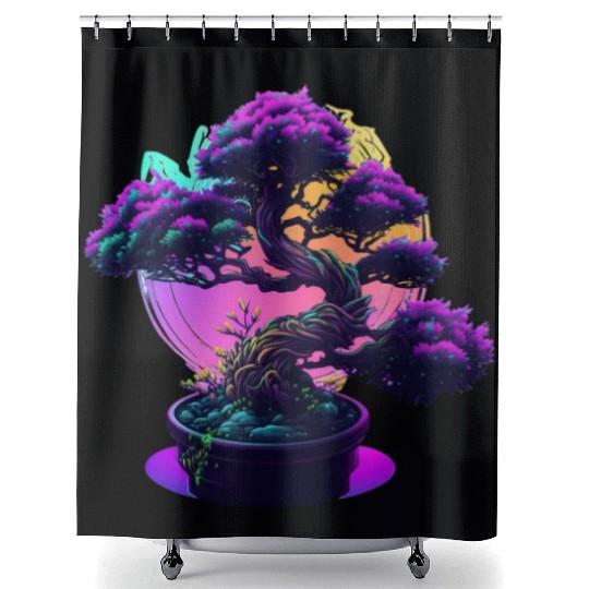Synthwave Bonsai Tree Shower Curtains