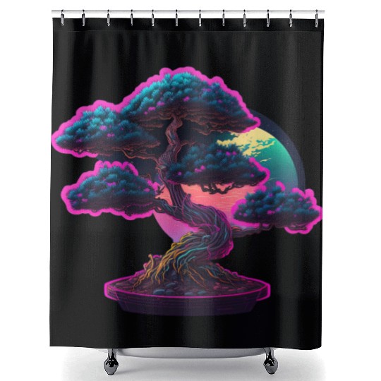Synthwave Bonsai Tree Shower Curtains