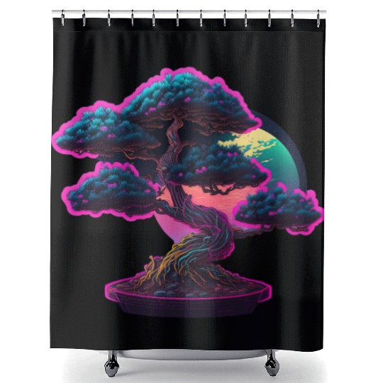 Synthwave Bonsai Tree Shower Curtains