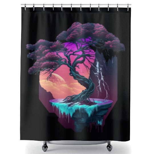 Synthwave Bonsai Tree Shower Curtains