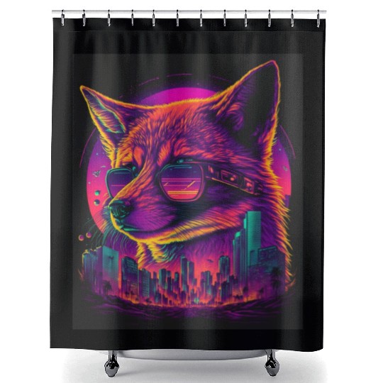 Retro Futuristic Synthwave Fox Shower Curtains