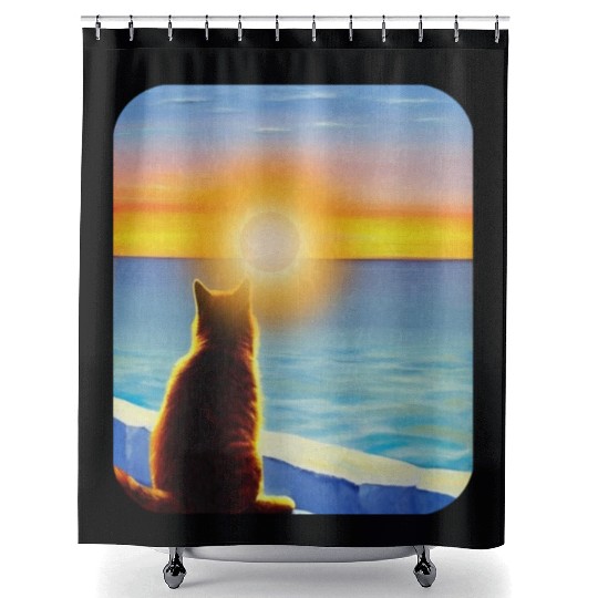 Cat watching sunset Classic Shower Curtains