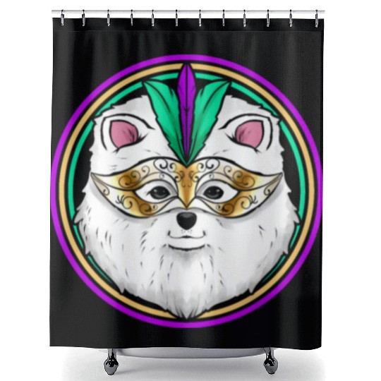 Pomeranian Or Samoyed Dog With Mask For Mardi Gras Shower Curtains