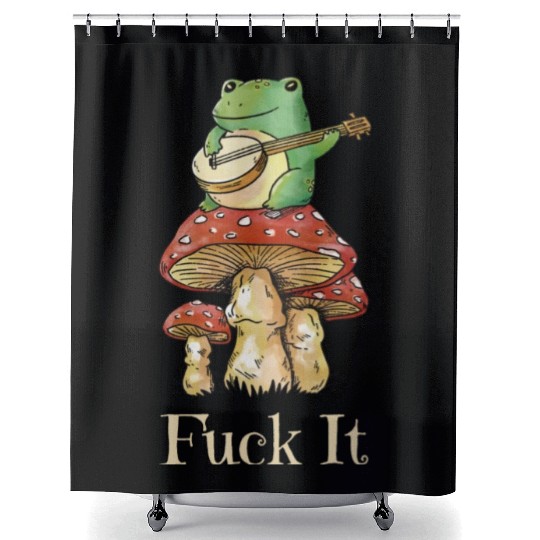 Cottagecore Frog Playing Guitar says Fuck It Shower Curtains