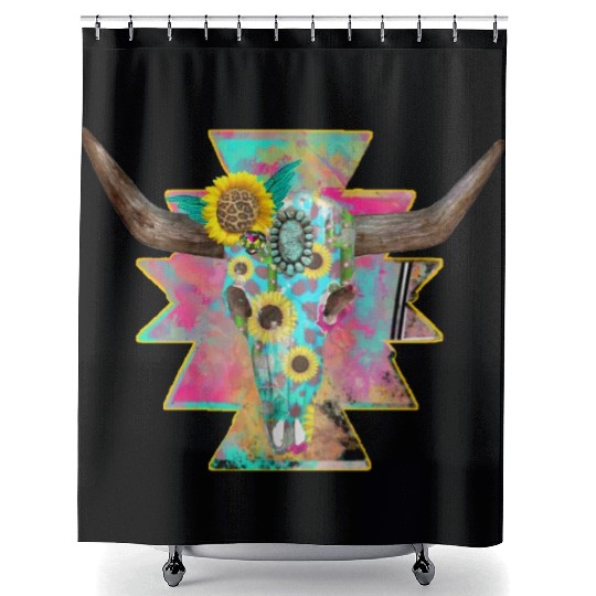 Colorful Floral Bull Skull Shower Curtains
