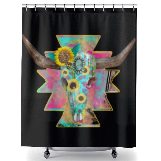 Colorful Floral Bull Skull Shower Curtains