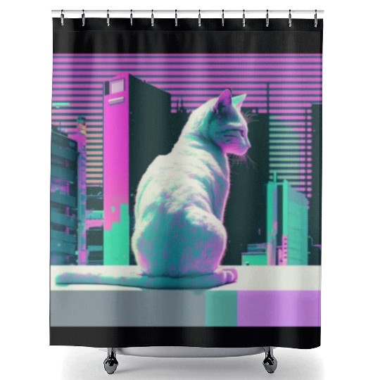 Vaperwave Aesthetic Glitch Cat Retrowave Synthwave Shower Curtains