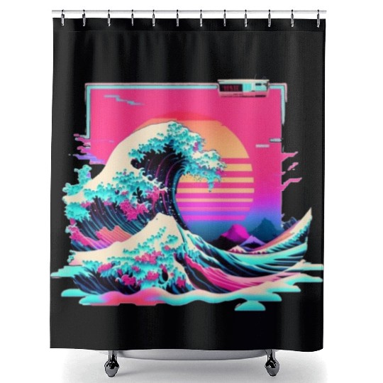 Vaperwave Aesthetic Glitch Great Wave Retrowave Sy Shower Curtains