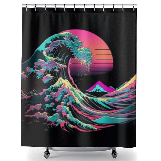Vaperwave Aesthetic Glitch Great Wave Retrowave Sy Shower Curtains