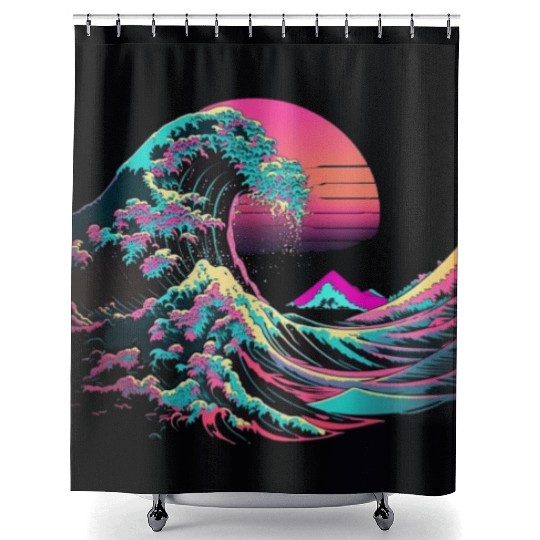 Vaperwave Aesthetic Glitch Great Wave Retrowave Sy Shower Curtains