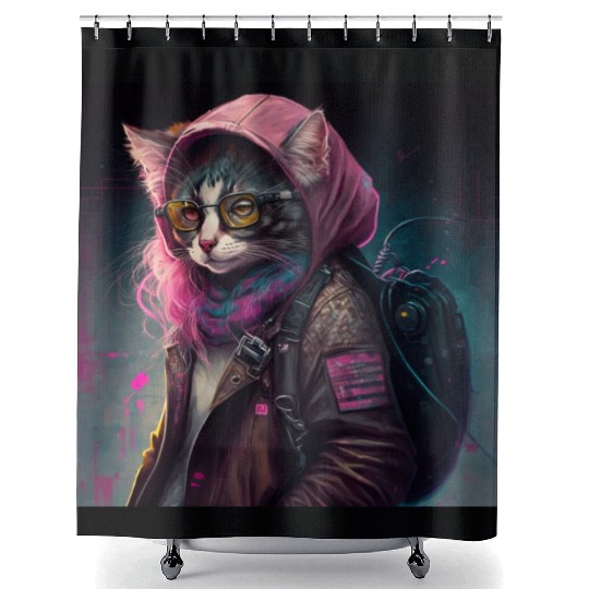 Cat in streetwear wearing a Shower Curtains in digitalpunk