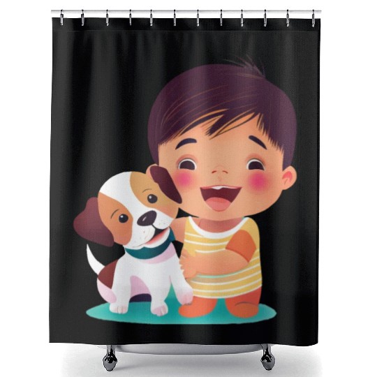 Sweet baby smiling with lovely puppy Shower Curtains