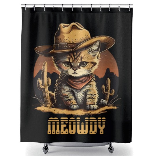 Meowdy - Funny Mashup Between Meow and Howdy - Cat Shower Curtains