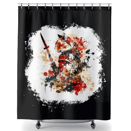 Cute Samurai Cat Shower Curtains