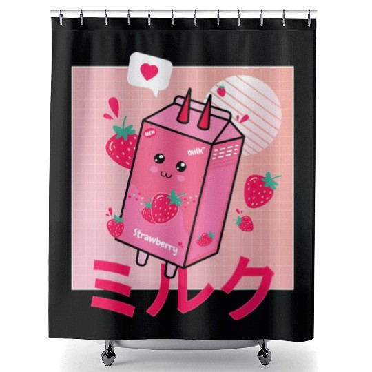 Strawberry Milk Shake Funny Retro 90s Japanese Shower Curtains