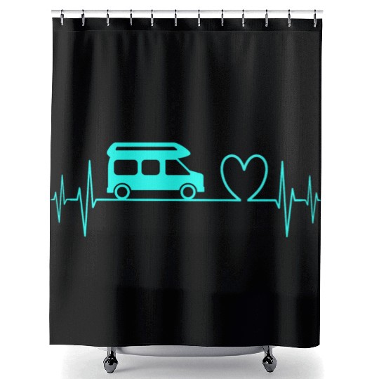 Camper Van camping Ecg heartbeat heart turquoise Shower Curtains