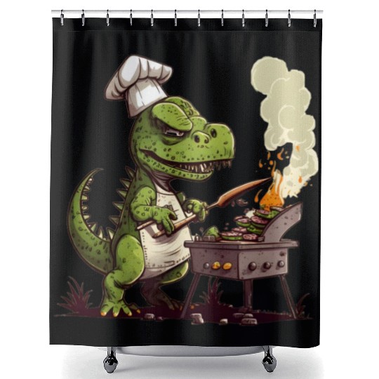 Baby Dinosaur Using A Charcoal Grill Cooking Meat Shower Curtains