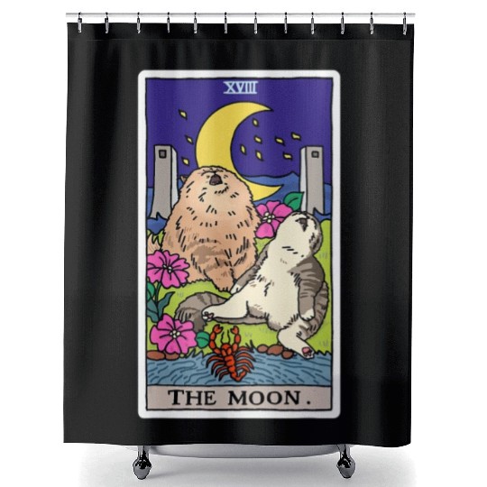 Tarot Card Crescent Moon And Cat Howl at the Moon Shower Curtains